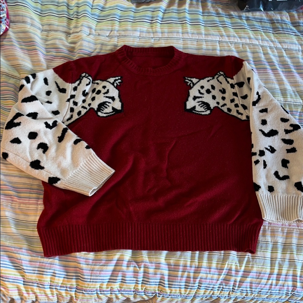 Leopard Print Red and Cream Sweater